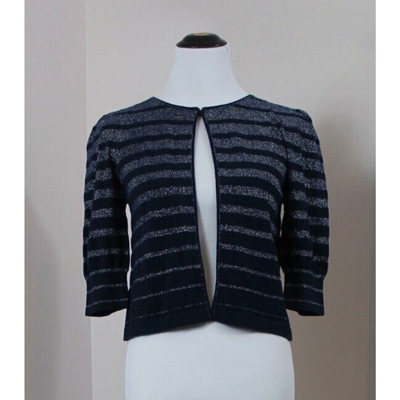 MARC by MARC JACOBS Sz XS Navy Silver Metallic Stripe Crop Cardigan Sweater - Picture 7 of 7